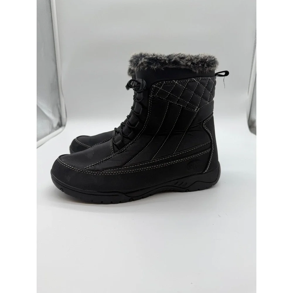 Totes Womens Black Quilted Faux Fur Trim Winter Snow Boots Size 11‎ Side Zip